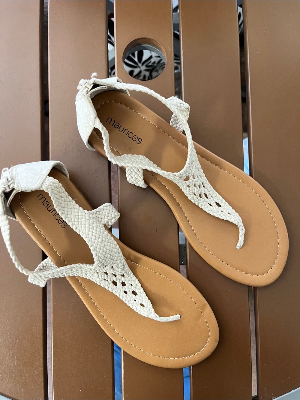 NWOT Maurices Cream Braided T-Strap Sandals with Ankle Buckle